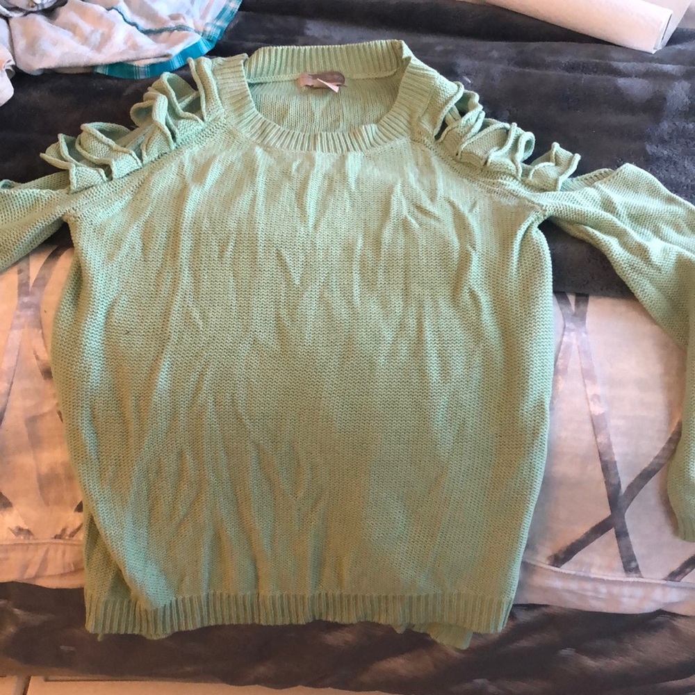 Open shoulder mint green sweater